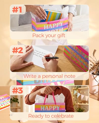 SUNCOLOR Large Happy Birthday Gift Bag with Tissue Paper & Card, 13 x 10.2 x 4.7 Inches Premium Paper Bag for Birthday, Ki...
