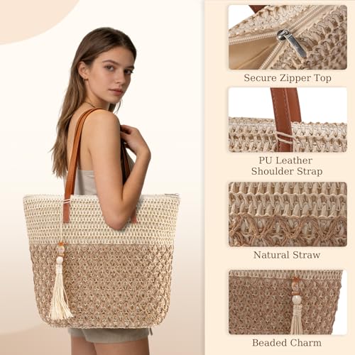 iSamzan Straw Tote Bag for Women: Handwoven Beach Purse with Cutout Design for Travel & Pool Day | Lightweight, Shopping, ...
