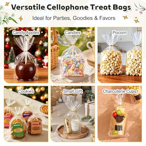 PigPotParty Cellophane Treat Bags 6x9 Inch, 50 Pack Clear Goodie Bags with Bottom Gusset for Stand-Up Display, Small Plast...
