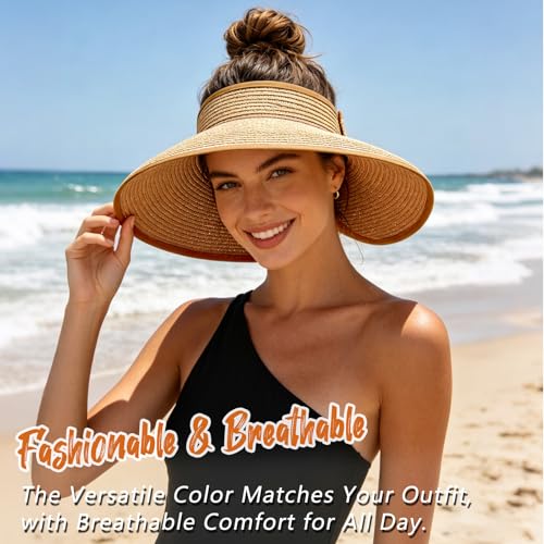 Sun Hats Visor for Women, UV UPF Straw Beach Hat Foldable Wide Brim Ponytail Summer Hats Packable Travel