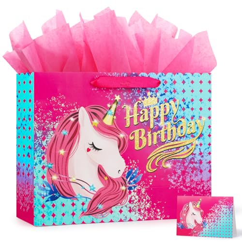 BeiLaad Unicorn Happy Birthday Gift Bag with Greeting Card and Tissue Paper, Birthday Gift Bags for Kids Girls Medium