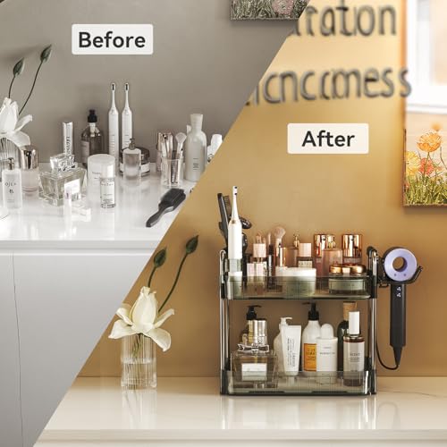 AmzAge Bathroom Counter Organizer, 2 Tier Makeup Skincare Storage Tray with Hair Dryer Holder and Toothbrush Rack, Perfume...