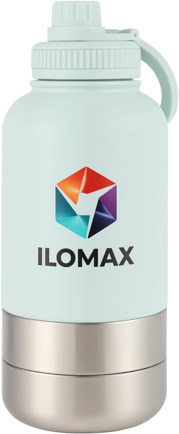 ILOMAX 3-in-1 Stainless Steel Dog Travel Water Bottle with Food & Water Bowls, Leak-Proof & Insulated, Extra Magnetic Lid,...