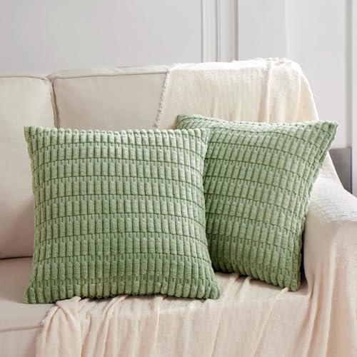 Fancy Homi 2 Packs Sage Green Decorative Throw Pillow Covers 18x18 Inch for Living Room Couch Bed Sofa, Soft Striped Cordu...