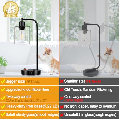 Set of 2 Industrial Table Lamps with USB C+A Ports and Outlet, Fully Stepless Dimmable Bedside Lamps for Bedrooms, Nightst...