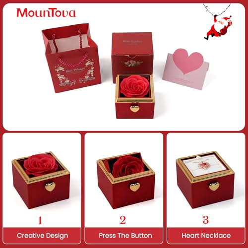 mountova Valentine’s Day Gift for Her Preserved Rose Surprise Box with Heart Necklace, Luxury Flip Jewelry Box, Romantic G...