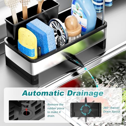 Ewaiira Stainless Steel Sink Caddy, Sponge Holder for Kitchen Sink with Brush Holder Dishcloth Rack, Rustproof sink Organi...