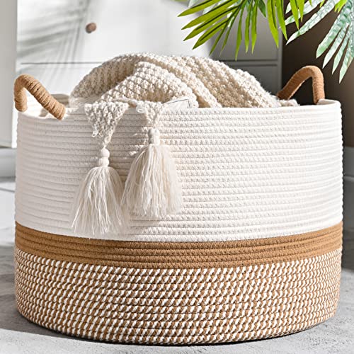 KAKAMAY Large Blanket Basket (20"x13"),Woven Baskets for storage Baby Laundry Hamper, Cotton Rope Blanket Basket for Livin...