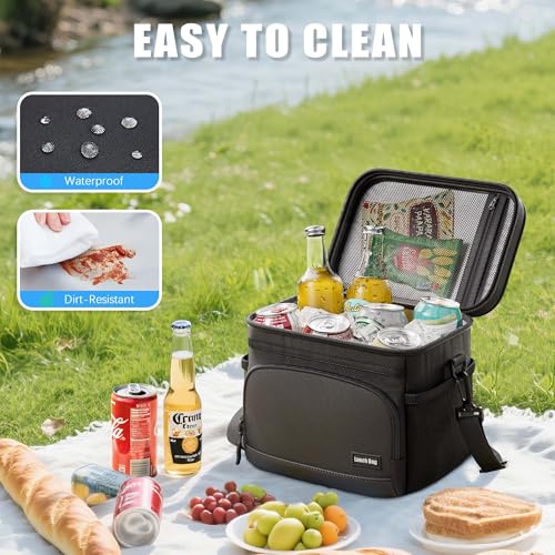 Seeseven Insulated Lunch Bag for Women & Men, Soft Cooler Tote for Work, Office, Travel, Picnic - Black, 9L