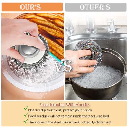 2Pcs Stainless Steel Scrubber with Handle, Steel Wool Scrubber Tool for Cleaning Dishes, Scrubbing Scouring Brush Pad for ...