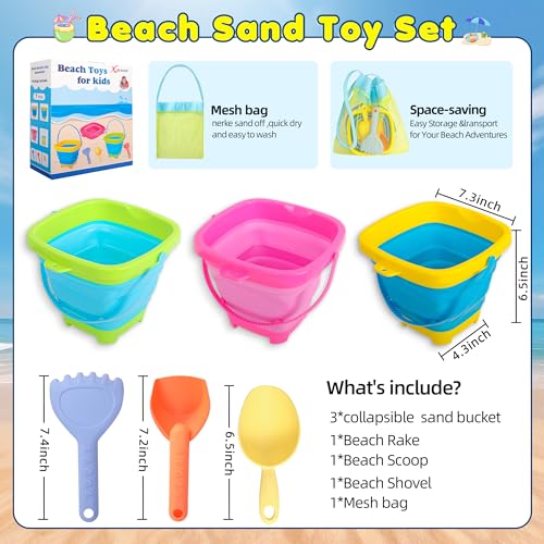 Xgunion Collapsible Beach Sand Bucket 3 Packs Foldable Buckets Set with Shovels & Mesh Bag Collapsible Beach Toys for Kids...