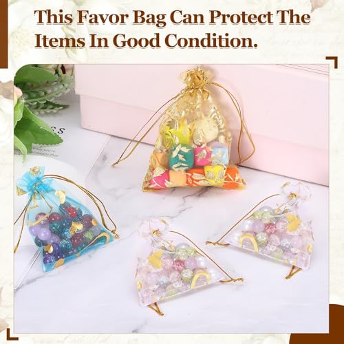 PATIKIL Organza Jewelry Gift Pouch, (4.7 x 3.5 Inch, Red) (50 Pcs) Gold Rose Drawstring Mesh Candy Pouch Mini Wedding Favo...