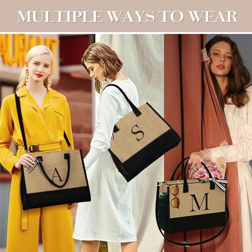 YOOLIFE Mothers Day Gifts for Women - Initial Jute Tote Bag & Makeup Bag, Birthday Gifts for Women Mom Wife Teacher Friend
