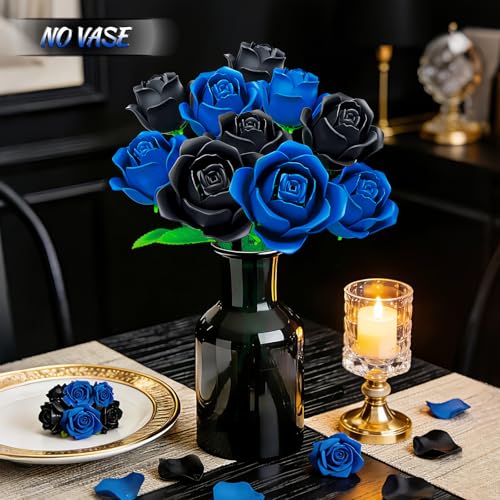 Sitodier 2 in 1 Flower Bouquet Building Set, 5pcs Black and 5pcs Blue Roses for Women Gilrs, Valentine's Day Gift for Love...