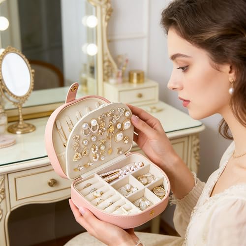 QBestry Travel Jewelry Case for Women Girls, Seashell-Shaped Small Jewelry Box with 40 Earring Holders & 5 Necklace Hooks,...