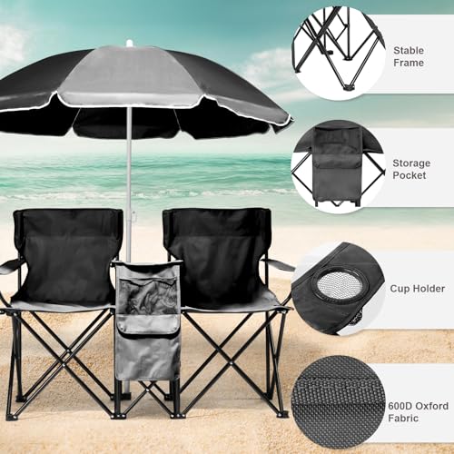 Outvita Folding Double Camping Chair w/Umbrella Beverage Holder Carrying Bag Cooler Fold Up Table, Large Bearing Capacity ...