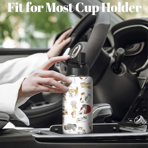 32oz Cat Water Bottle with Handle and Flip Straw, Pixel Sports Stainless Steel Insulated Cup Travel Coffee Mug Tumbler, Bi...