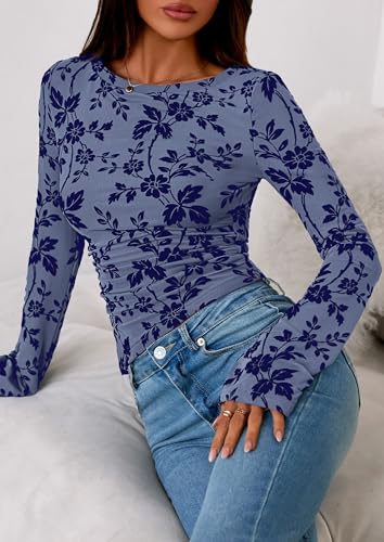 PRETTYGARDEN Women Long Sleeve Floral Mesh Tops Blouse 2026 Fall Trendy Boat Neck Ruched Spring Shirt Going Out Date Outfits
