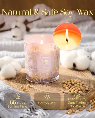 M&SENSE Wild Peony Scented Candle, Soy Wax Clean, Non-Toxic Burn, 55 Hours Long Burning 10.3oz, Elegant Romantic Floral Ar...