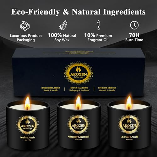 AROZEN 3 Pack Candles for Home Scented, Scented Candles Gifts Set for Men, Aromatherapy Soy Candle of Lavender, Mahogany T...