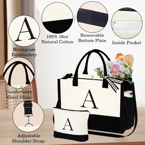 YOOLIFE Mothers Day Gifts - Initial Canvas Tote Bag & Makeup Bag, Birthday Gifts for Women Mom Sister Friends