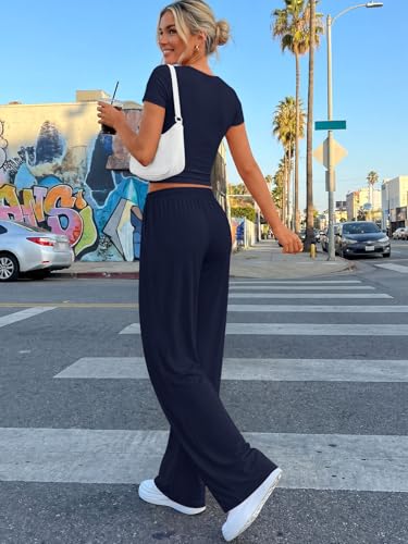 Trendy Queen 2 Piece Matching Summer Lounge Set Womens Side Ruching Top Wide Leg Pants Sets with Pockets