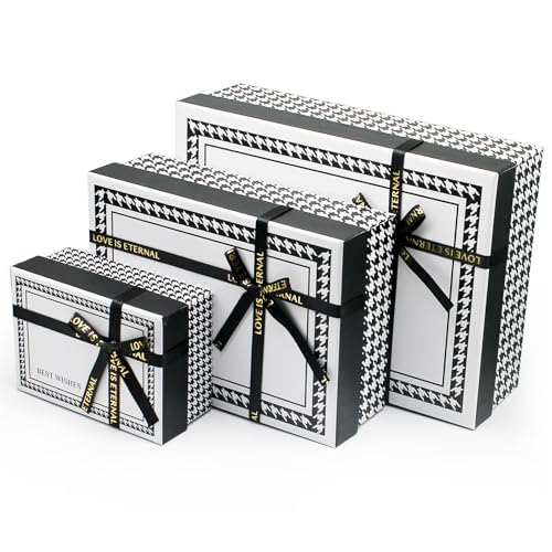 Giftilious Gift Box Set -(3 Sizes) Sturdy Gift Boxes with Lids for Presents - Elegant Black/White Boxes for Gift Wrapping
