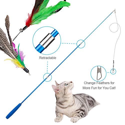 JIARON Cat Toys Feather Toy, 2PCS Retractable Wand and 10PCS Replacement Teaser with Bell Refills, Interactive Catcher and...