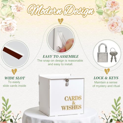 AerWo White Wedding Card Box with Lock, Acrylic Gift Card Box for Party with 3D Letters, Large Wedding Card Boxes for Rece...