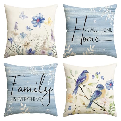 AVOIN colorlife Spring Saying Flowers Butterfly Bird Throw Pillow Covers, 18 x 18 Inch Home Sweet Home Blue Cushion Case f...