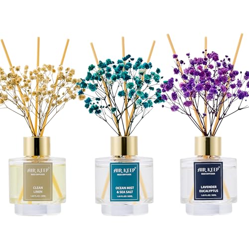 Airkeep Reed Diffuser Set of 3,Clean Linen Ocean Mist&Sea Salt Lavender Eucalyptus Oil Reed Diffusers for Bedroom Living R...