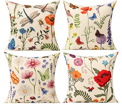 All Smiles Outdoor Patio Throw Pillow Covers 18x18 Set of 4 Spring Summer Garden Flowers Farmhouse Décor Outside Furniture...