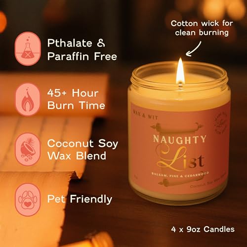 Wax & Wit Christmas Candles Gift Set Scented, Winter Holiday Set of 4 Pack Candle - Natural Coconut Soy Candles, 180+ Hr B...