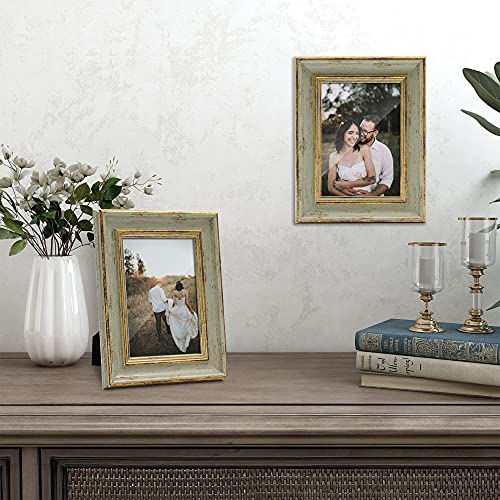 Sapowerntus Vintage 5x7 Picture Frame Gold Line Sage Green Distressed Photo Frames Set Antique Real Glass Wall Hanging Tab...