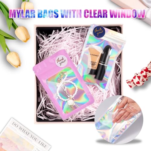 JETMORE 100 pcs Holographic Mylar Bags, Resealable Packaging Bags for Small Business, Freshie Supplies, Candy Sample Jewel...