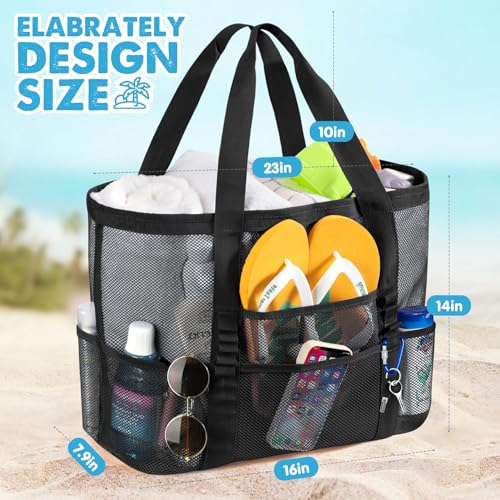 KPX Mesh Beach Bag, Large Beach Tote Bags for Women Foldable Mesh Swimming Pool Bag with Mini Pockets - Sandproof, Waterproof