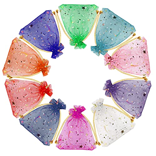 SUMAJU 100 Pieces Moon Star Organza Jewelry Candy Bags, 2.7x3.5 Inch Random Color Organza Favor Bags Gift Pouch with Draws...