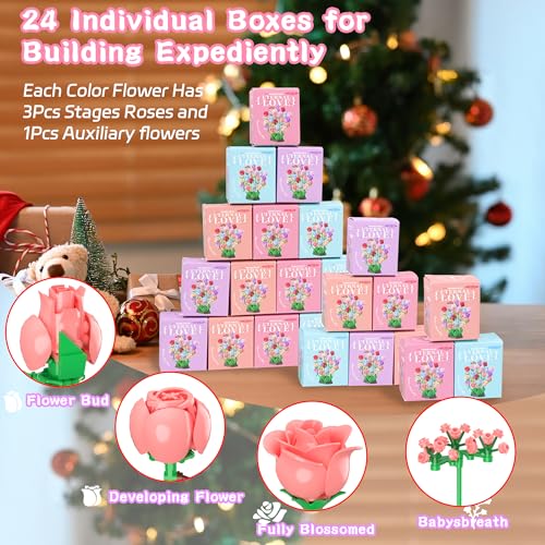 Sopu Colorful Rose Bouquet Flowers Building Set, 24 Boxes 1380Pcs Artificial Flowers Botanical Collection Flowers for Adul...