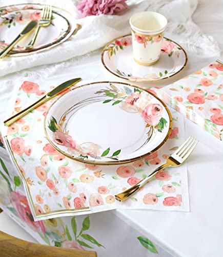 Luxury Floral Paper Plates and Napkins Party Supplies - Serves 16 - Pink and Gold Flower Decoration for Floral Baby Shower...