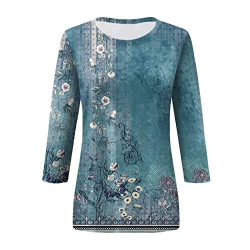BTCOW Womens Summer Fashion Tops 3/4 Sleeve Round Neck Shirts Casual Print Trendy Three Quarter Length T Shirt