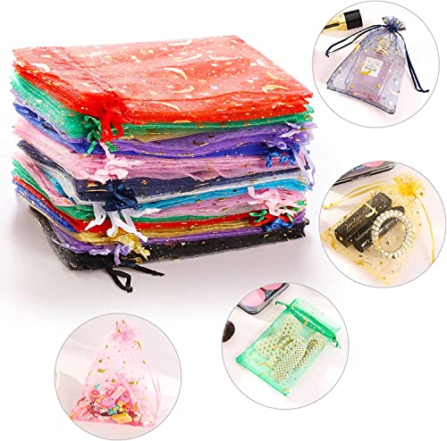 ENNIYU 100 Pieces Moon Star Organza Jewelry Candy Bags, 3x4inch Random Colors Mesh Bags, Organza Favor Gift Pouches with D...
