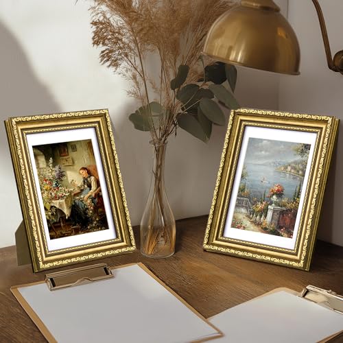 eletecpro 5x7 Picture Frames Set of 2, Vintage Photo Frames with Glass, Display 4x6 Photo with Mat or 5x7 without Mat for ...