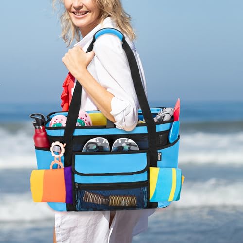 Fasrom XL Beach Tote Bag with Cooler Compartment, Large Mesh Beach Pool Bag with Wet & Dry Separation for Swim, Travel
