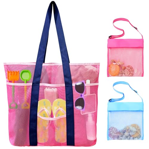 EOGOW Mesh Beach Bag XL Pink, Large Beach Bag Tote with Seashell Bag for Family Summer Travel