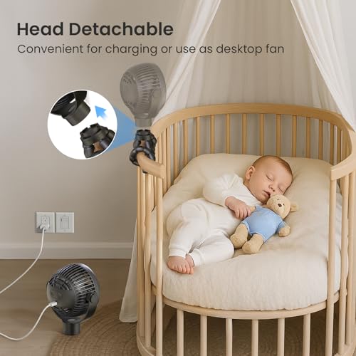 Portable Stroller Fan, 4000mAh Rechargeable Clip on Baby Fan 25H Battery Life, Head Detachable 360° Rotate Mini Fans, 4 Sp...