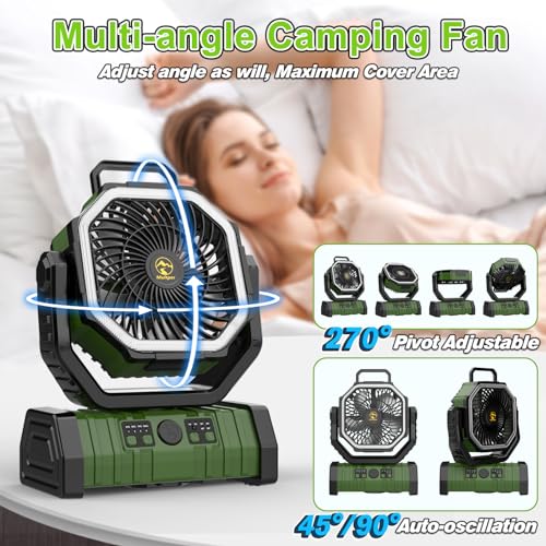 20000mAh Rechargeable Camping Fan, Auto-Oscillating Portable Fan for Camping with Remote & LED Lantern, 4 Speeds Battery P...