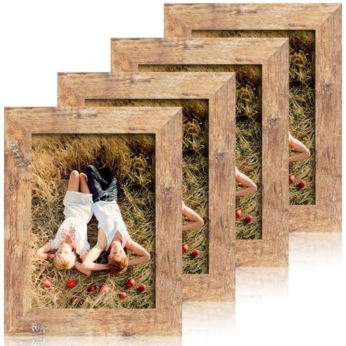 iRahmen 5x7 Picture Frame Set of 4, High Definition Real Glass Rustic Brown Frame, 5 x 7 Wood Photo Frames for Tabletop Di...