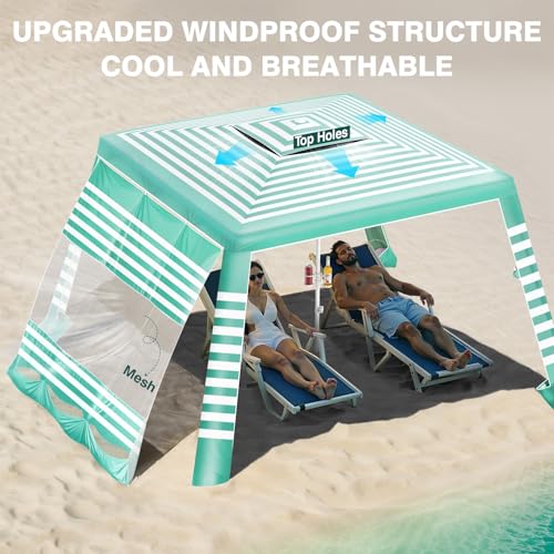 Rhino Valley Beach Cabana, 8 * 8FT Beach Tent UPF50+ Protection, Easy Setup Beach Canopy Wind Resistant with Cup Holder, C...