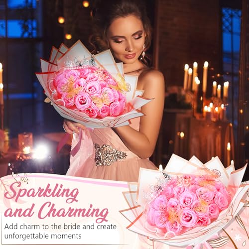 Thiccywoov 24 Pcs Glitter Roses Bouquet Artificial Rose DIY Flower Bouquet Kit Flower Wrapping Paper 3D Butterflies Crowns...