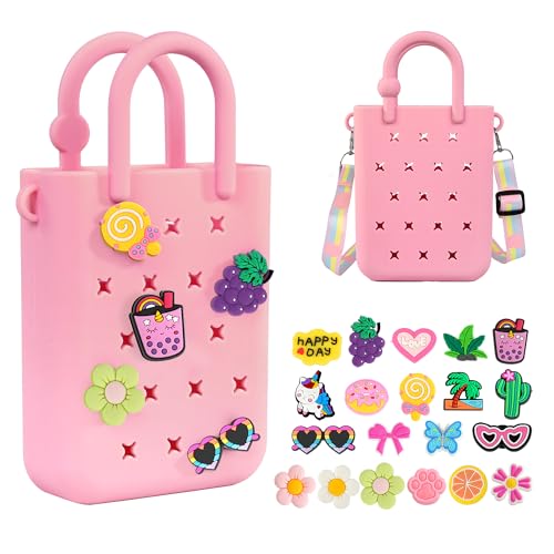 Silicone Small Rubber Beach Bag with 20 Charms, Hole Handbag With Adjustable Shoulder Strap, Girls and Woman
